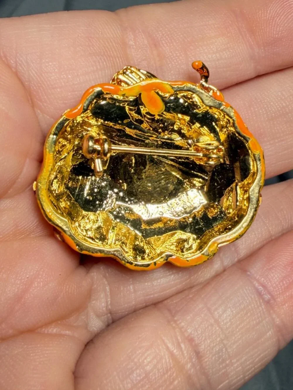 Rhinestone Pumpkin Brooch Orange Enamel Fall Pin Green Stem 1.25